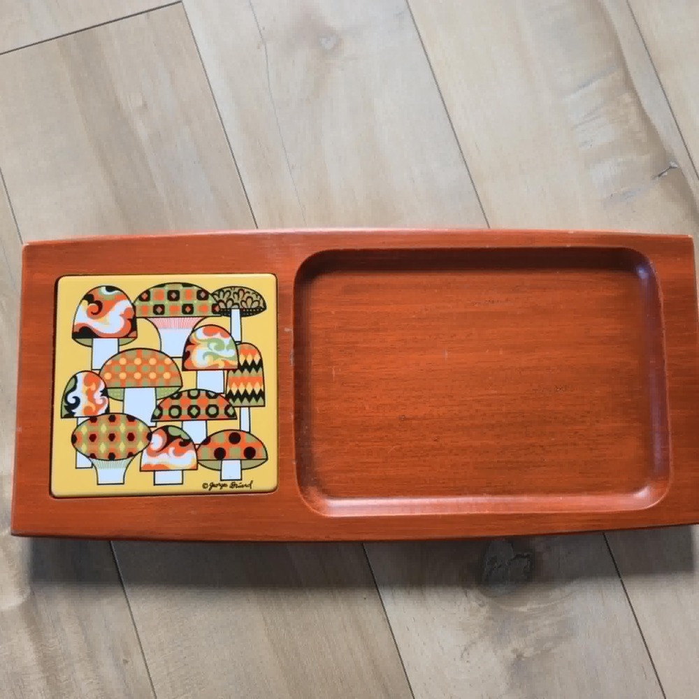 Georges Briard Mushroom Cheese Board | MCM Teak Serving Tray, Signed MCM